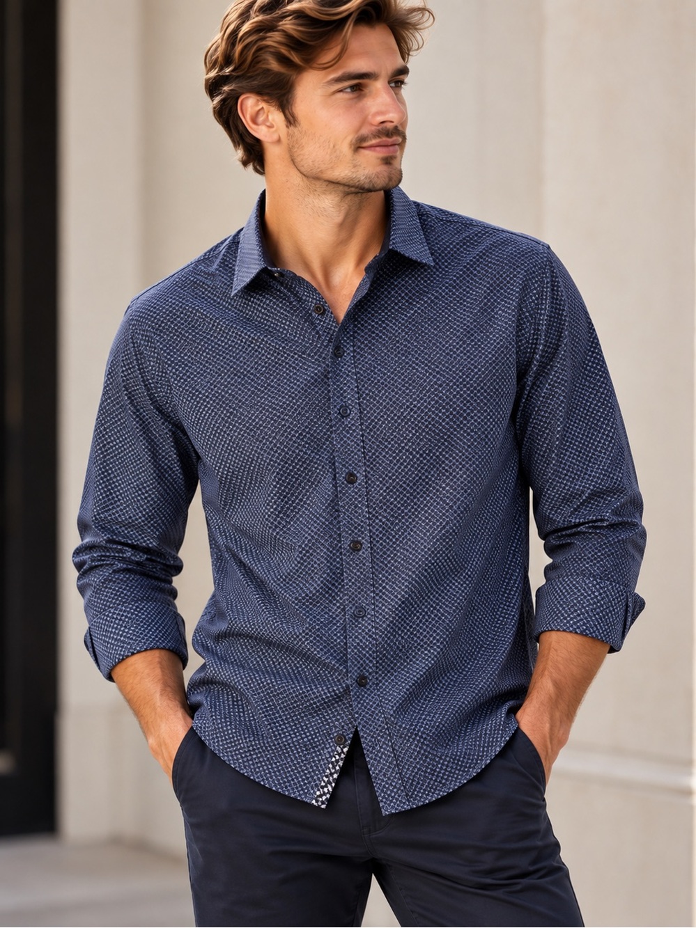 Bugatti Navy Geometric Cotton Button-Up Shirt